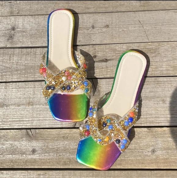 Rainbow Rhinestone Flat Sandals - Picture 2 of 5